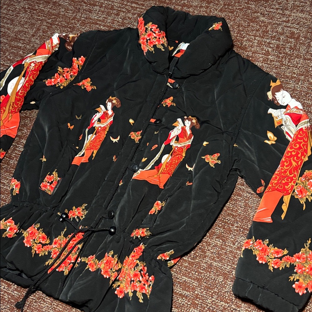 Vintage Japanese Geisha black red quilted zip up winter puffer fitted high neck